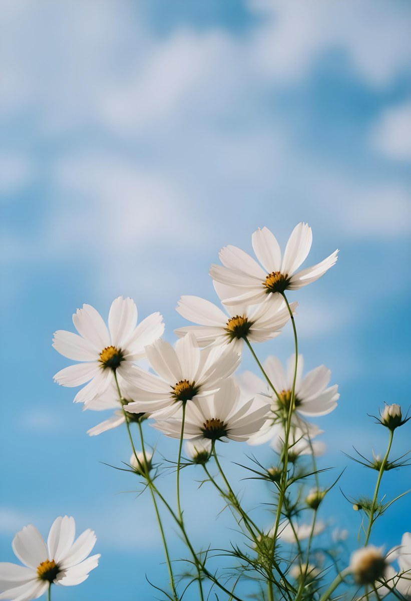White Cosmos Flowers Against A Blurred Blue Sky Background 32 4c8e