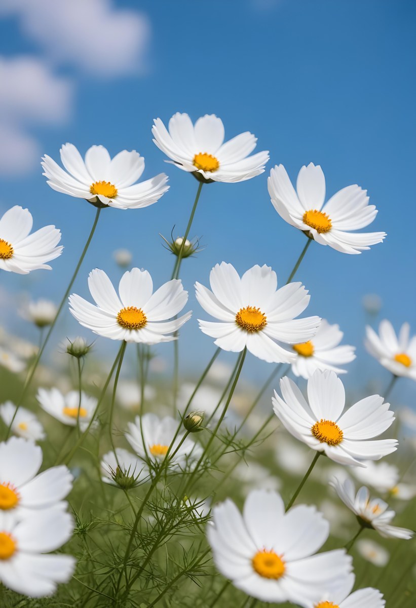 White Cosmos Flowers Against A Blurred Blue Sky Background 5 E778