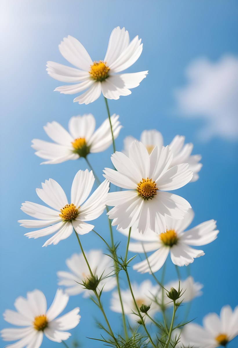 White Cosmos Flowers Against A Blurred Blue Sky Background 6 A1e3