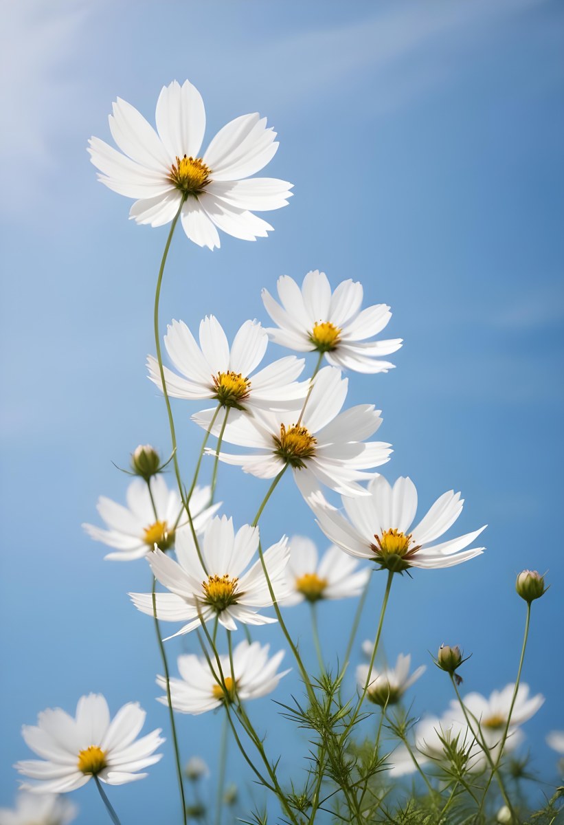 White Cosmos Flowers Against A Blurred Blue Sky Background 7 D968