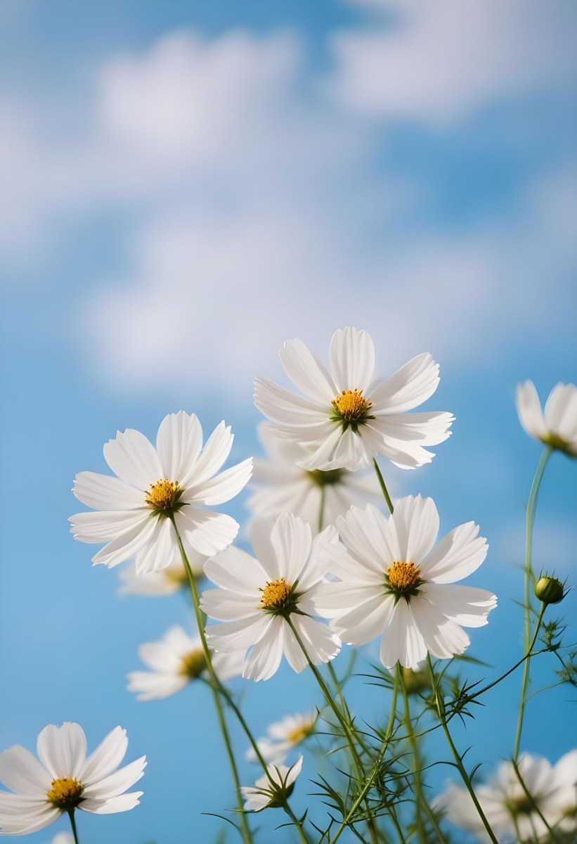 White Cosmos Flowers Against A Blurred Blue Sky Background 8 6ad3