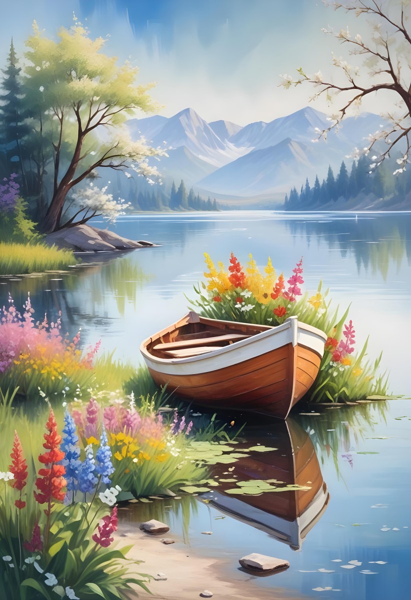 A Small Rowboat Resting On The Shore Of A Calm Lake Surrounded By Colorful Wildflowers Trees With White Blossoms Distant Mountains And A Clear Blue Sky 15 79bb