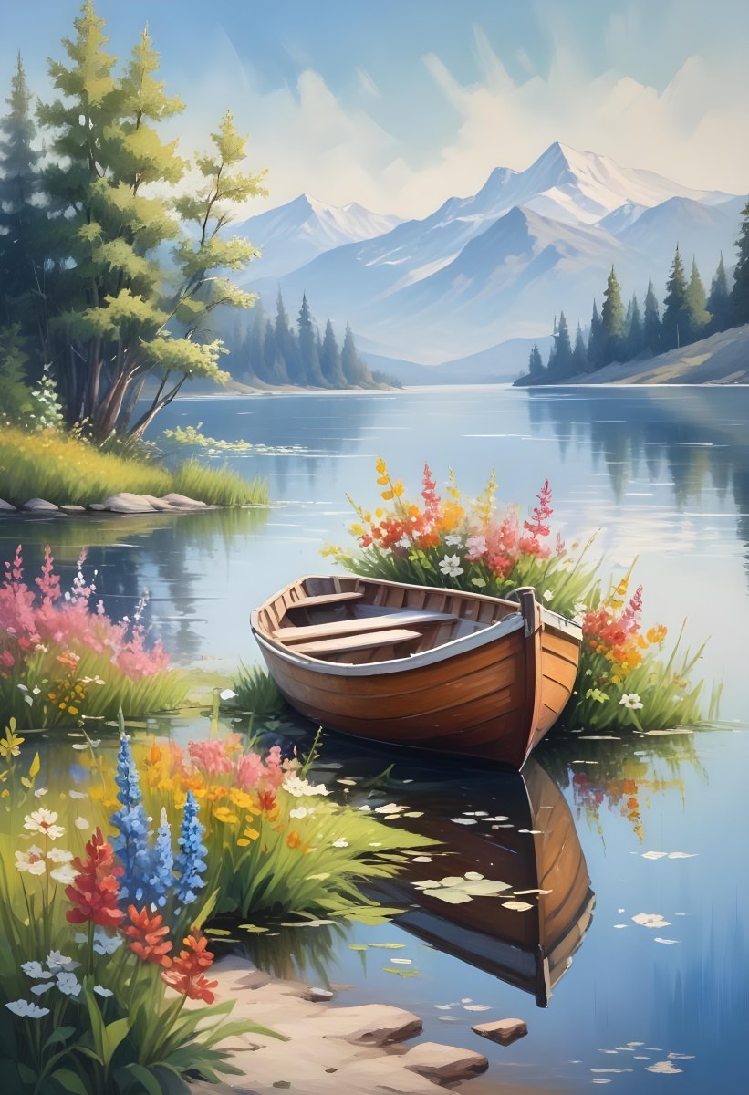 A Small Rowboat Resting On The Shore Of A Calm Lake Surrounded By Colorful Wildflowers Trees With White Blossoms Distant Mountains And A Clear Blue Sky 17 4922