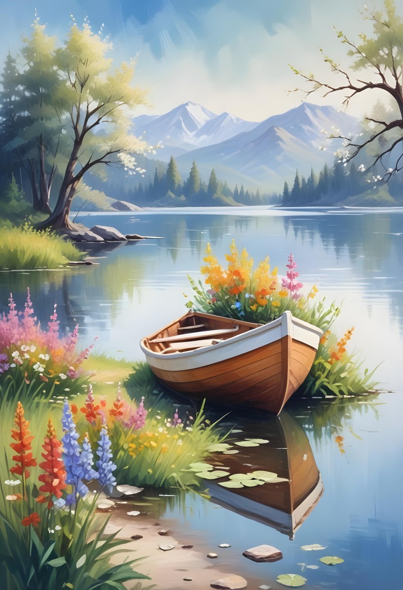 A Small Rowboat Resting On The Shore Of A Calm Lake Surrounded By Colorful Wildflowers Trees With White Blossoms Distant Mountains And A Clear Blue Sky 24 56d0