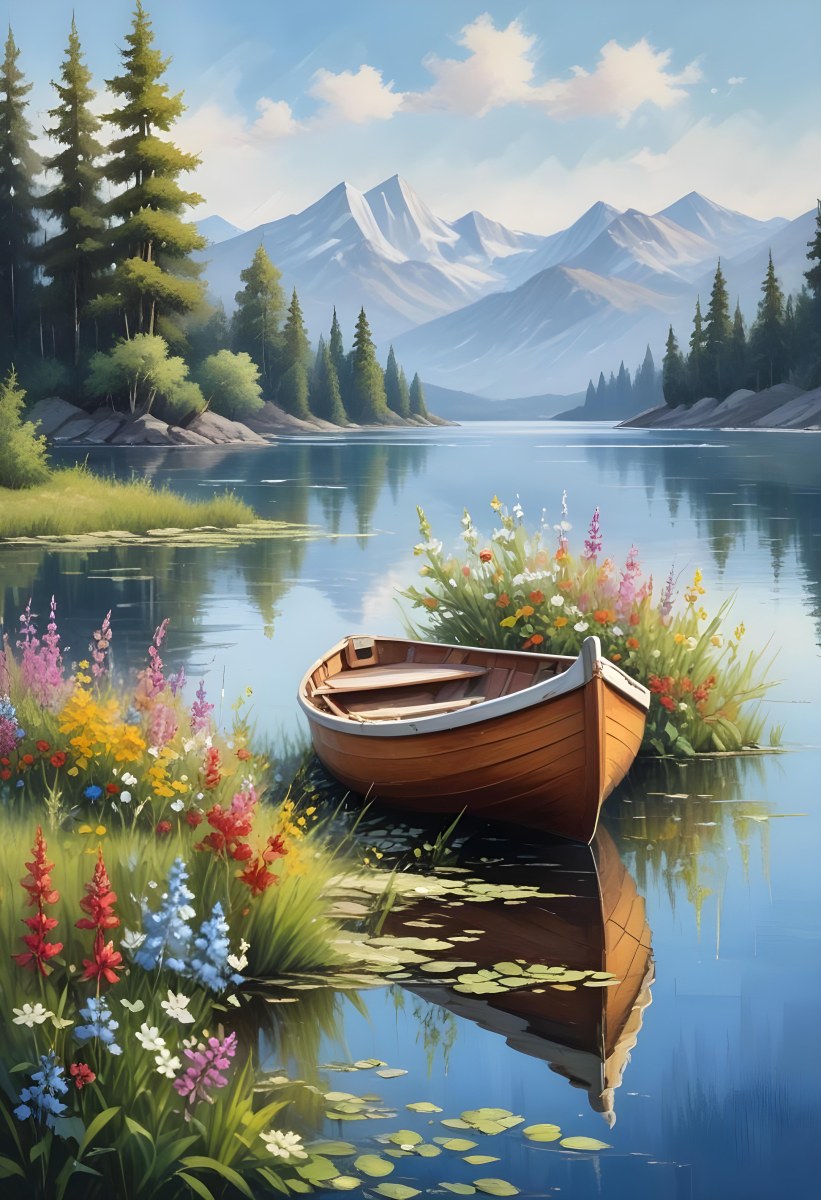 A Small Rowboat Resting On The Shore Of A Calm Lake Surrounded By Colorful Wildflowers Trees With White Blossoms Distant Mountains And A Clear Blue Sky 29 0368