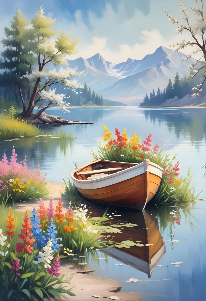 A Small Rowboat Resting On The Shore Of A Calm Lake Surrounded By Colorful Wildflowers Trees With White Blossoms Distant Mountains And A Clear Blue Sky 30 5f6b