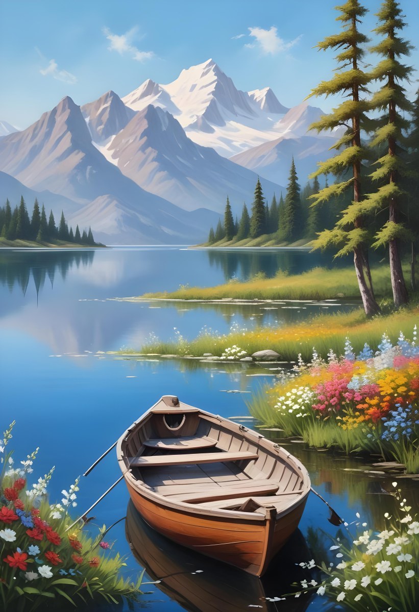 A Small Rowboat Resting On The Shore Of A Calm Lake Surrounded By Colorful Wildflowers Trees With White Blossoms Distant Mountains And A Clear Blue Sky 31 564e