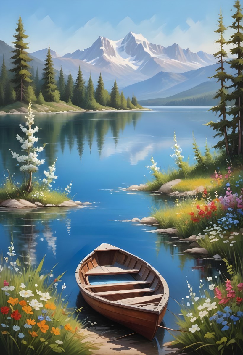 A Small Rowboat Resting On The Shore Of A Calm Lake Surrounded By Colorful Wildflowers Trees With White Blossoms Distant Mountains And A Clear Blue Sky 4 63b4