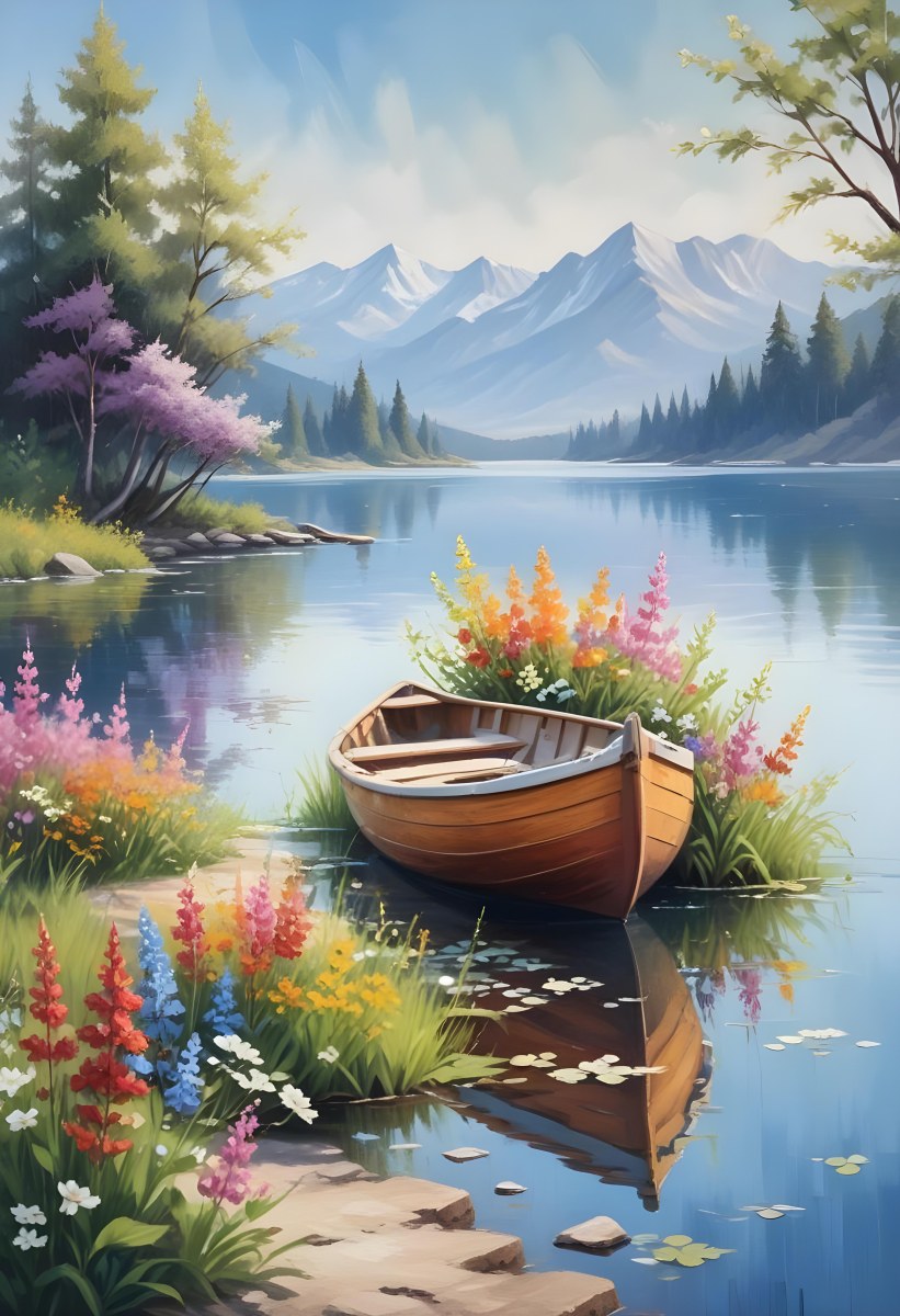 A Small Rowboat Resting On The Shore Of A Calm Lake Surrounded By Colorful Wildflowers Trees With White Blossoms Distant Mountains And A Clear Blue Sky 5 18d9