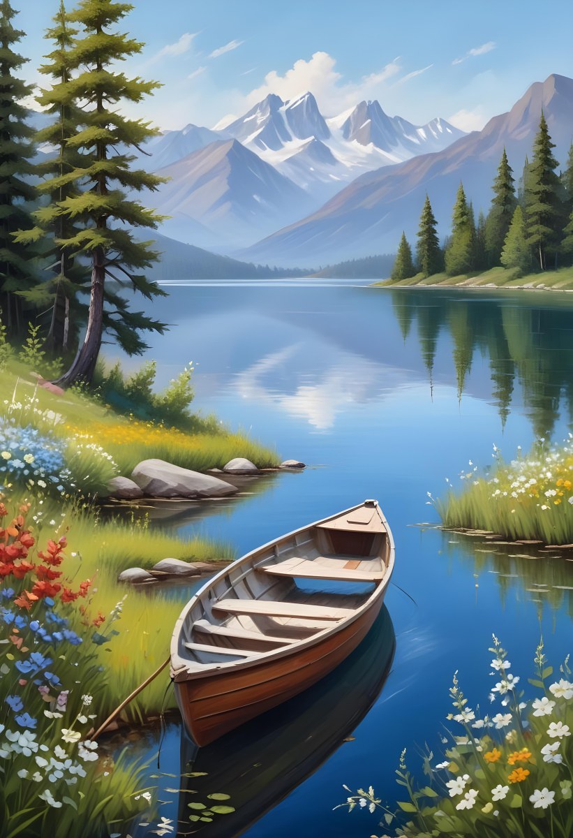 A Small Rowboat Resting On The Shore Of A Calm Lake Surrounded By Colorful Wildflowers Trees With White Blossoms Distant Mountains And A Clear Blue Sky 6 Ce62