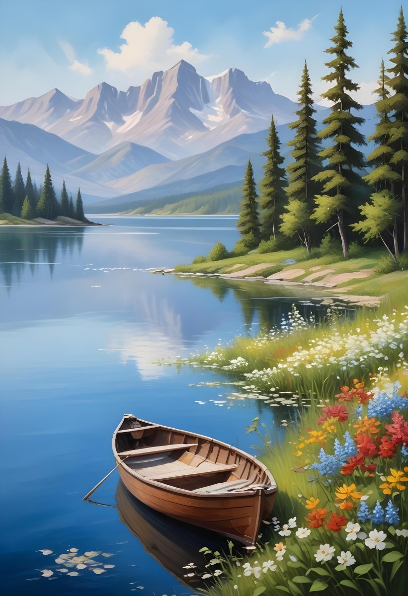 A Small Rowboat Resting On The Shore Of A Calm Lake Surrounded By Colorful Wildflowers Trees With White Blossoms Distant Mountains And A Clear Blue Sky 8 8bc2