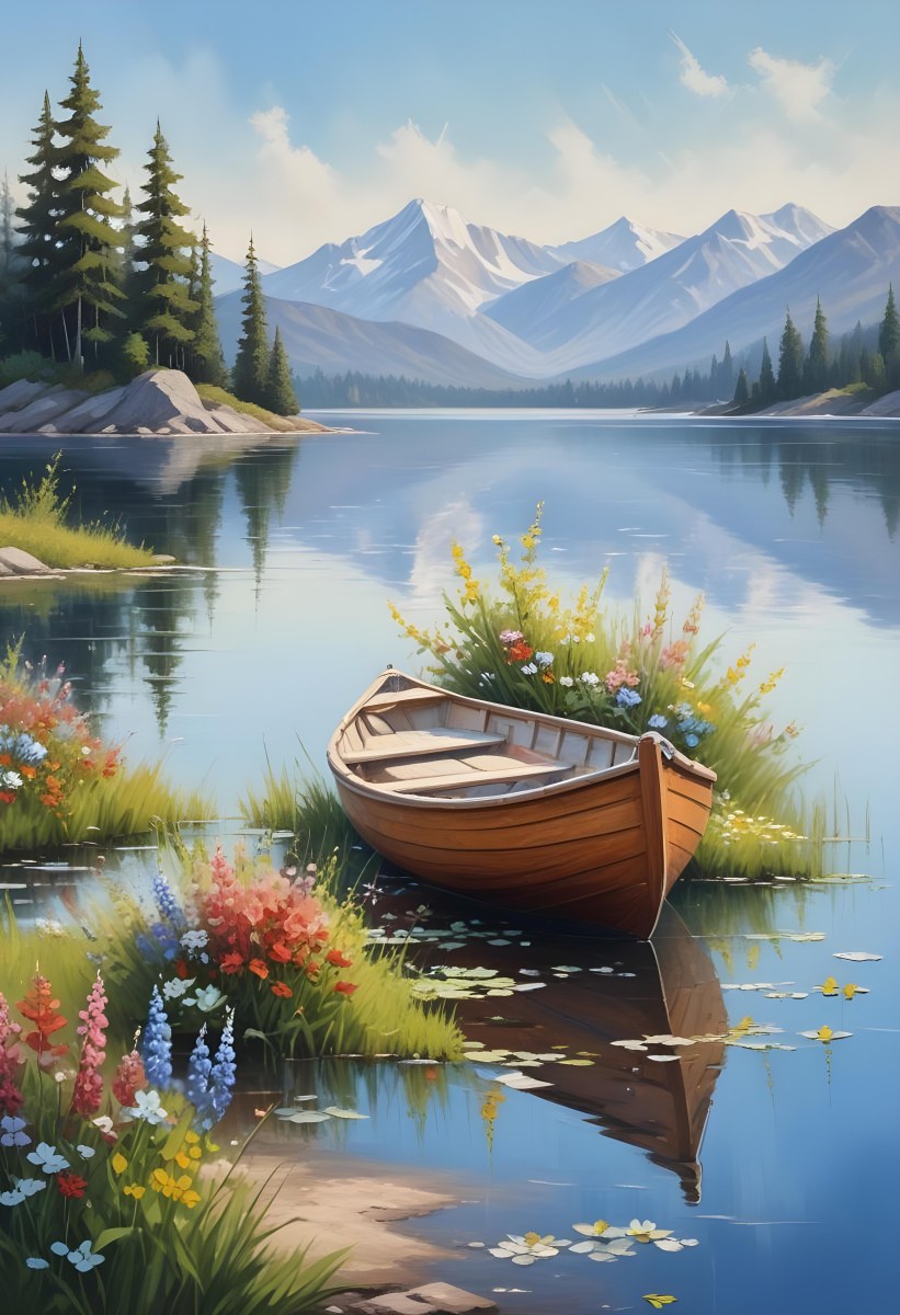 A Small Rowboat Resting On The Shore Of A Calm Lake Surrounded By Colorful Wildflowers Trees With White Blossoms Distant Mountains And A Clear Blue Sky 9 10b7