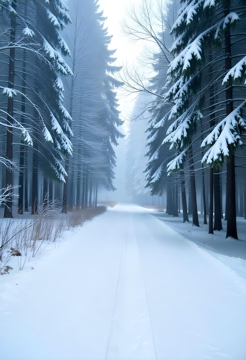 A Snowy Forest Path With Tall Pine Trees Covered In Snow On Both Sides Creating A Serene And Peaceful Winter Landscape 2 46f2