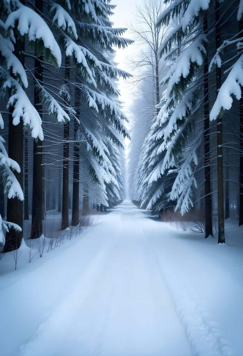 A Snowy Forest Path With Tall Pine Trees Covered In Snow On Both Sides Creating A Serene And Peaceful Winter Landscape 7 6f20