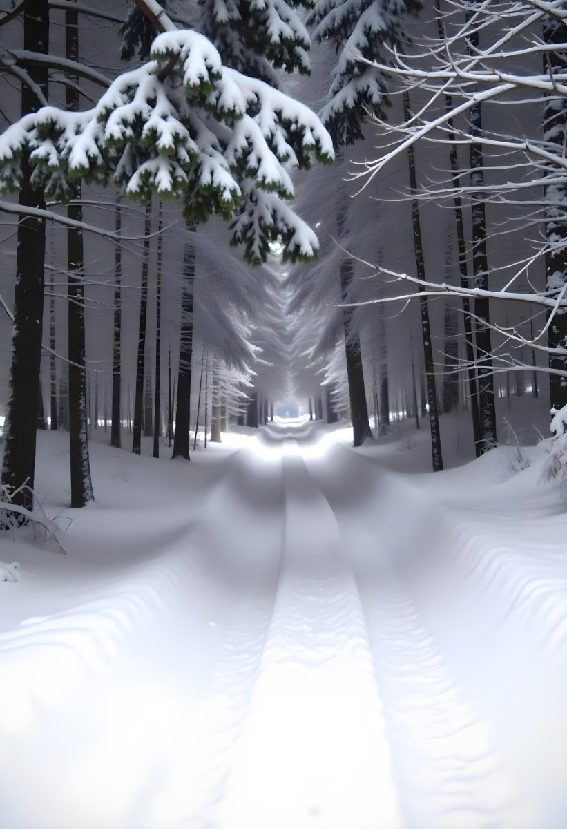 A Snowy Forest Path With Tall Pine Trees Covered In Snow On Both Sides Creating A Serene And Peaceful Winter Landscape 9 B850
