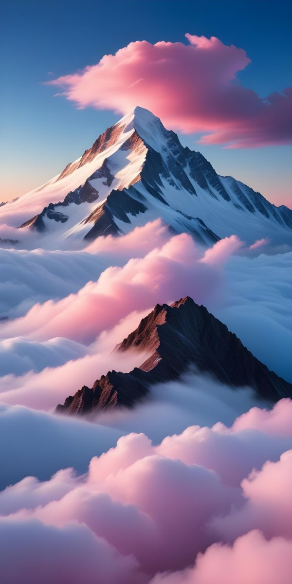 A Snowy Mountain Peak Rising Above A Sea Of Clouds Against A Vibrant Pink And Blue Sky 2 57df