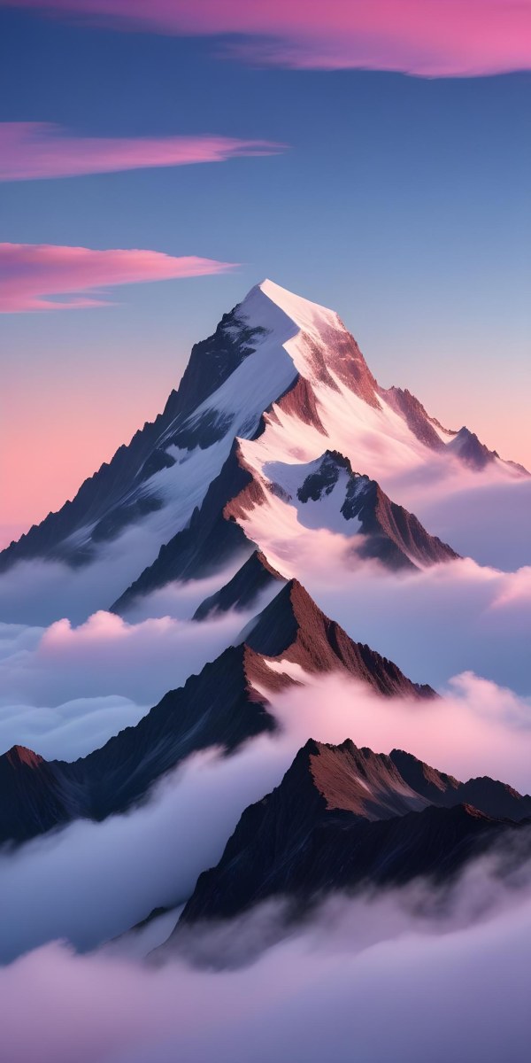 A Snowy Mountain Peak Rising Above A Sea Of Clouds Against A Vibrant Pink And Blue Sky 3 Fb70