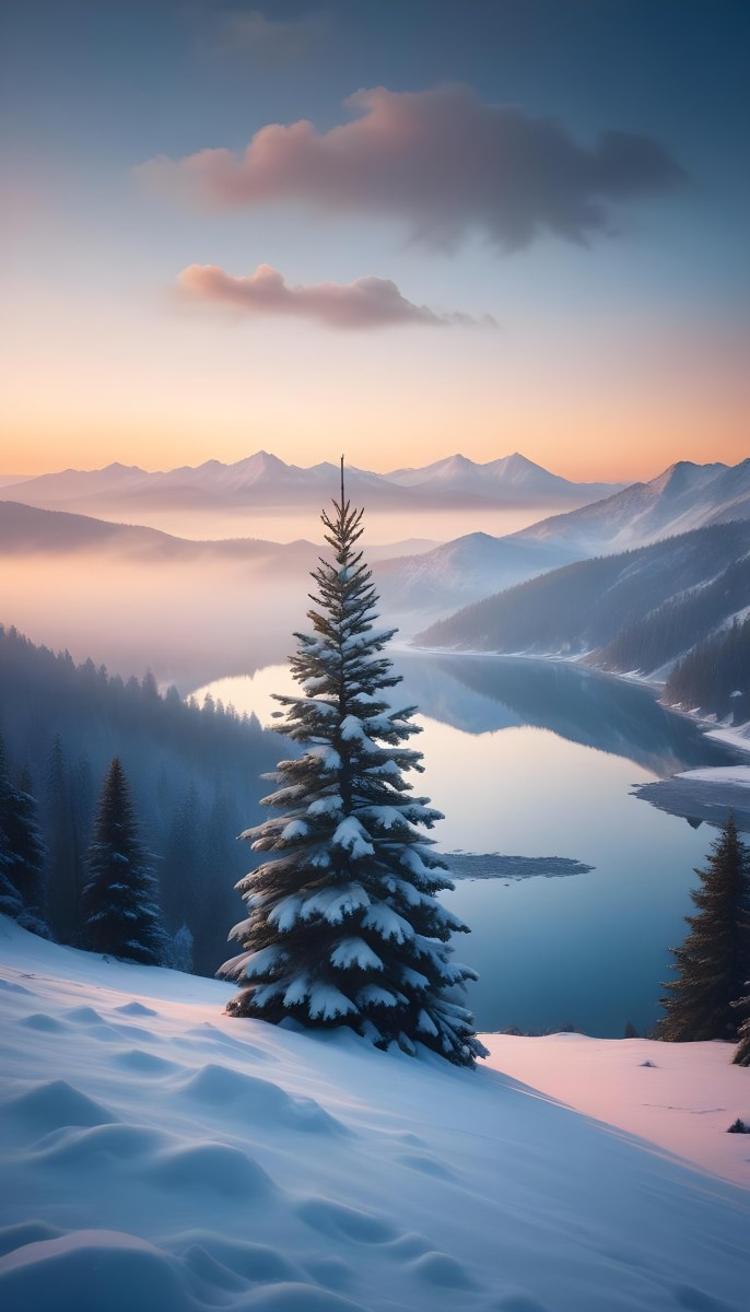 A Snowy Pine Tree Overlooking A Frozen Lake Surrounded By Mountains At Sunset The Lake Has A Calm Reflective Surface And The Mountains In The Background Are Partially Obscured By Mist The Sky Is Filled With Warm Pas 16 16c7