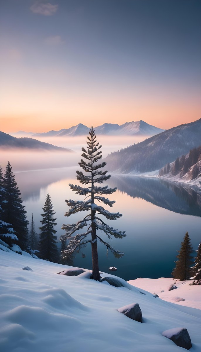 A Snowy Pine Tree Overlooking A Frozen Lake Surrounded By Mountains At Sunset The Lake Has A Calm Reflective Surface And The Mountains In The Background Are Partially Obscured By Mist The Sky Is Filled With Warm Pas 22 0d6a