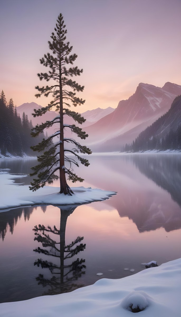 A Snowy Pine Tree Overlooking A Frozen Lake Surrounded By Mountains At Sunset The Lake Has A Calm Reflective Surface And The Mountains In The Background Are Partially Obscured By Mist The Sky Is Filled With Warm Pas 24 8a8f
