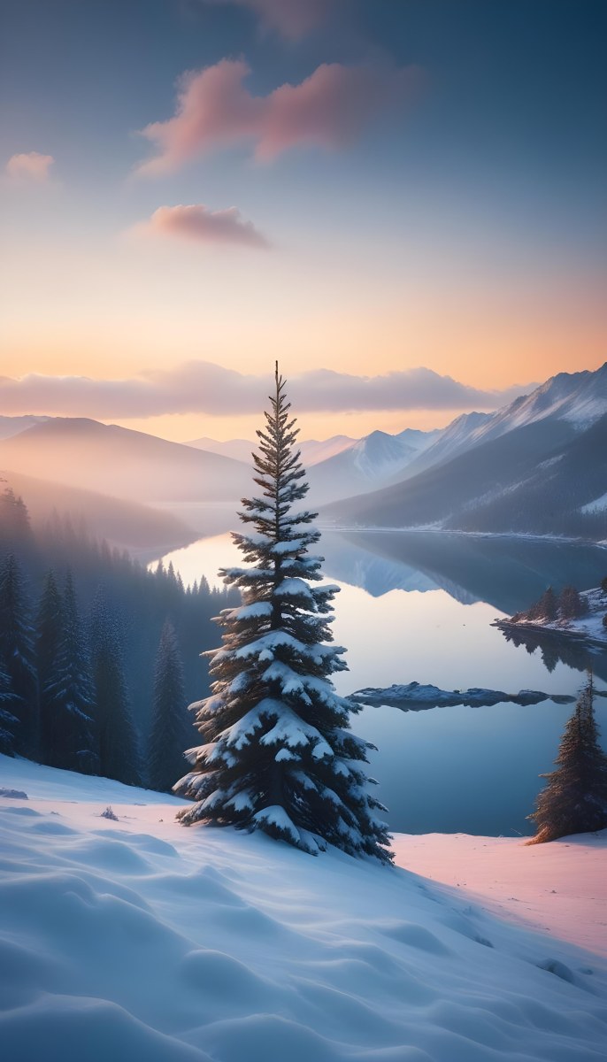 A Snowy Pine Tree Overlooking A Frozen Lake Surrounded By Mountains At Sunset The Lake Has A Calm Reflective Surface And The Mountains In The Background Are Partially Obscured By Mist The Sky Is Filled With Warm Pas 7 8373