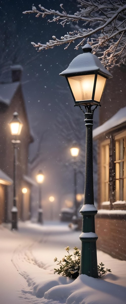 A Snowy Winter Night Scene With A Glowing Street Lamp And Small Flowers In The Foreground Featuring Soft Snowfall And A Quaint Village In The Background 10 9f4e