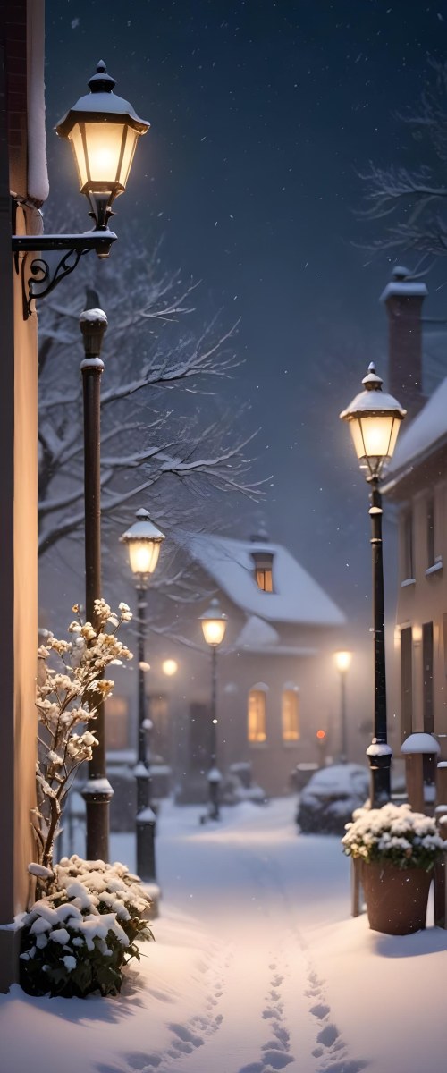 A Snowy Winter Night Scene With A Glowing Street Lamp And Small Flowers In The Foreground Featuring Soft Snowfall And A Quaint Village In The Background 12 C73f
