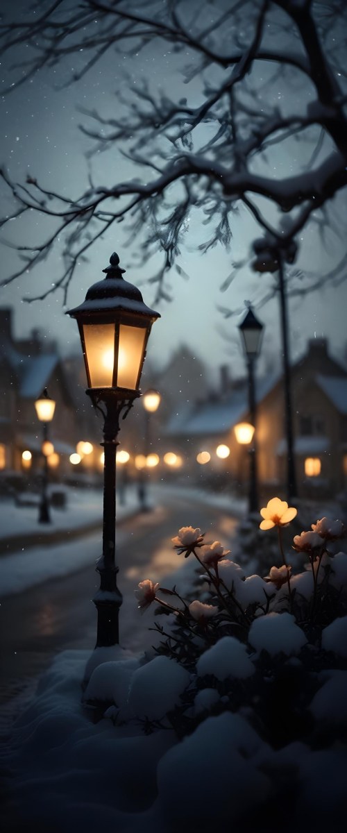 A Snowy Winter Night Scene With A Glowing Street Lamp And Small Flowers In The Foreground Featuring Soft Snowfall And A Quaint Village In The Background 17 Bbfe