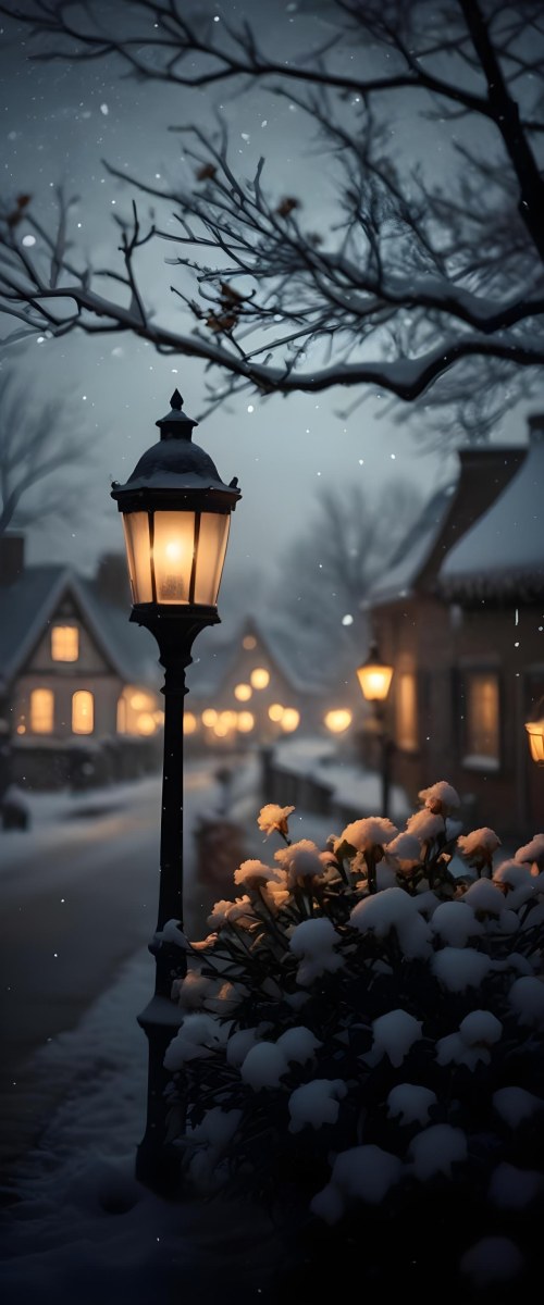 A Snowy Winter Night Scene With A Glowing Street Lamp And Small Flowers In The Foreground Featuring Soft Snowfall And A Quaint Village In The Background 18 B558