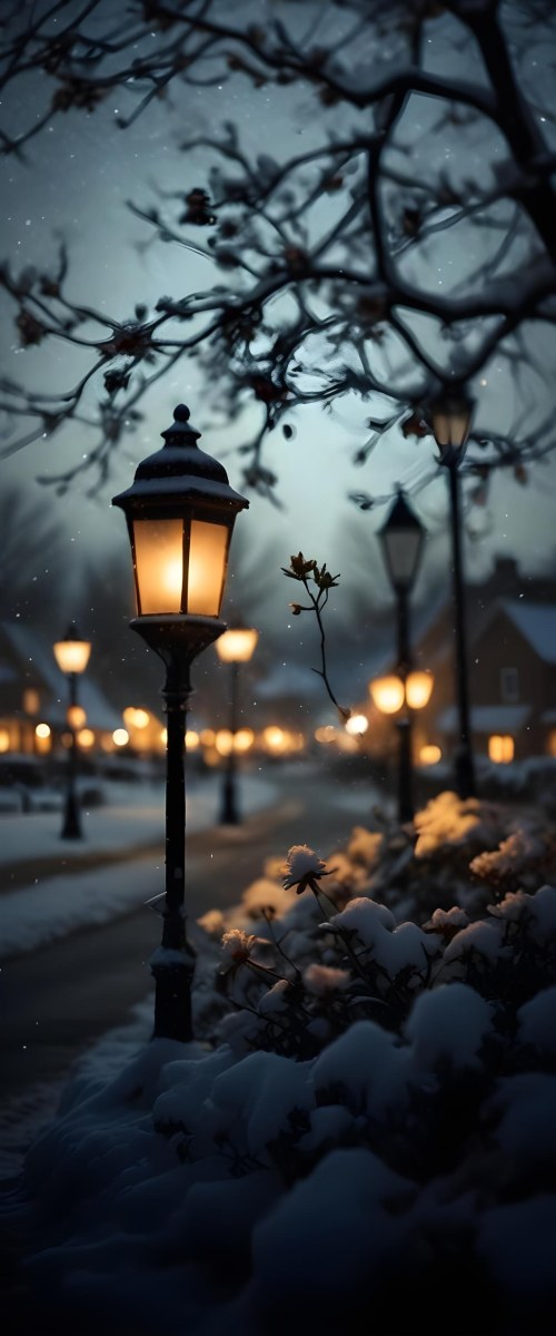 A Snowy Winter Night Scene With A Glowing Street Lamp And Small Flowers In The Foreground Featuring Soft Snowfall And A Quaint Village In The Background 19 92ce