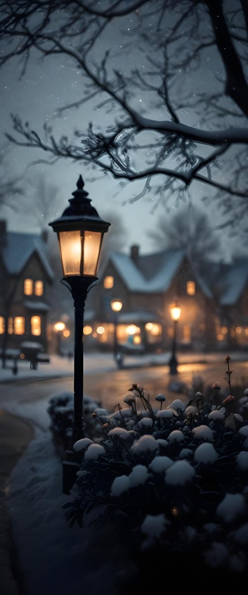 A Snowy Winter Night Scene With A Glowing Street Lamp And Small Flowers In The Foreground Featuring Soft Snowfall And A Quaint Village In The Background 20 04d2
