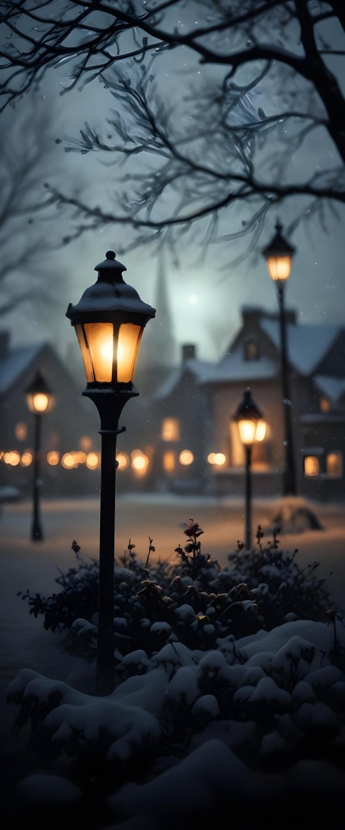 A Snowy Winter Night Scene With A Glowing Street Lamp And Small Flowers In The Foreground Featuring Soft Snowfall And A Quaint Village In The Background 3 5588