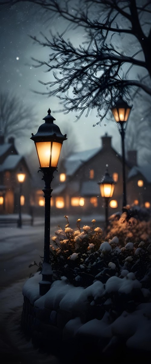 A Snowy Winter Night Scene With A Glowing Street Lamp And Small Flowers In The Foreground Featuring Soft Snowfall And A Quaint Village In The Background 4 544f