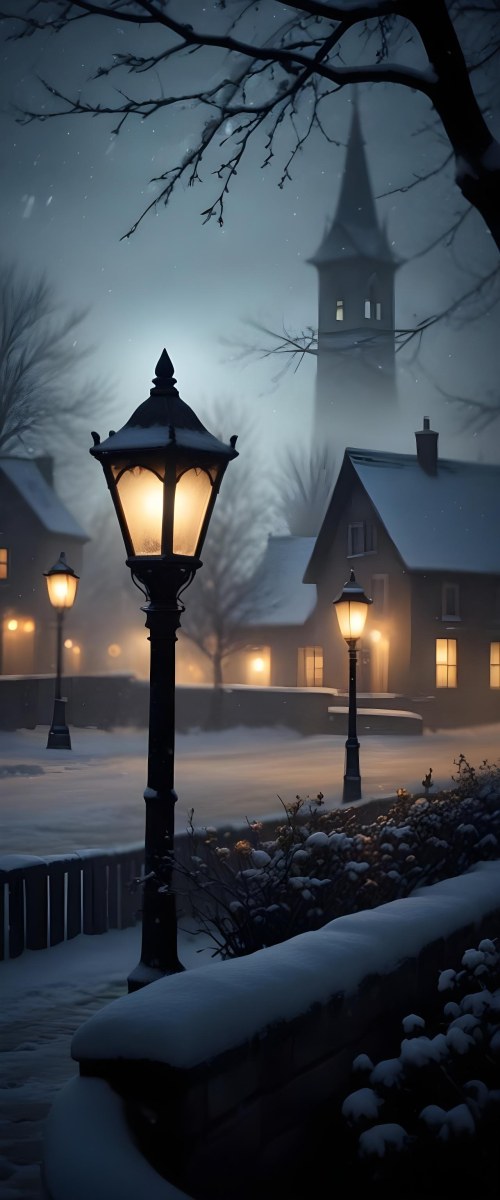 A Snowy Winter Night Scene With A Glowing Street Lamp And Small Flowers In The Foreground Featuring Soft Snowfall And A Quaint Village In The Background 6 17b2