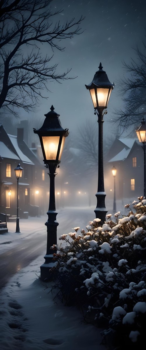 A Snowy Winter Night Scene With A Glowing Street Lamp And Small Flowers In The Foreground Featuring Soft Snowfall And A Quaint Village In The Background 7 86aa