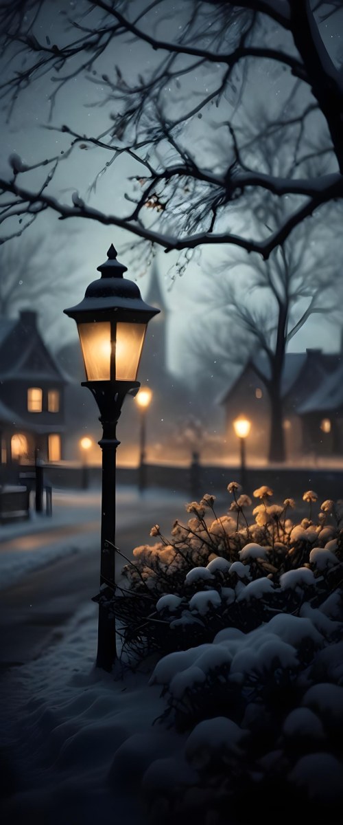 A Snowy Winter Night Scene With A Glowing Street Lamp And Small Flowers In The Foreground Featuring Soft Snowfall And A Quaint Village In The Background 8 56fe
