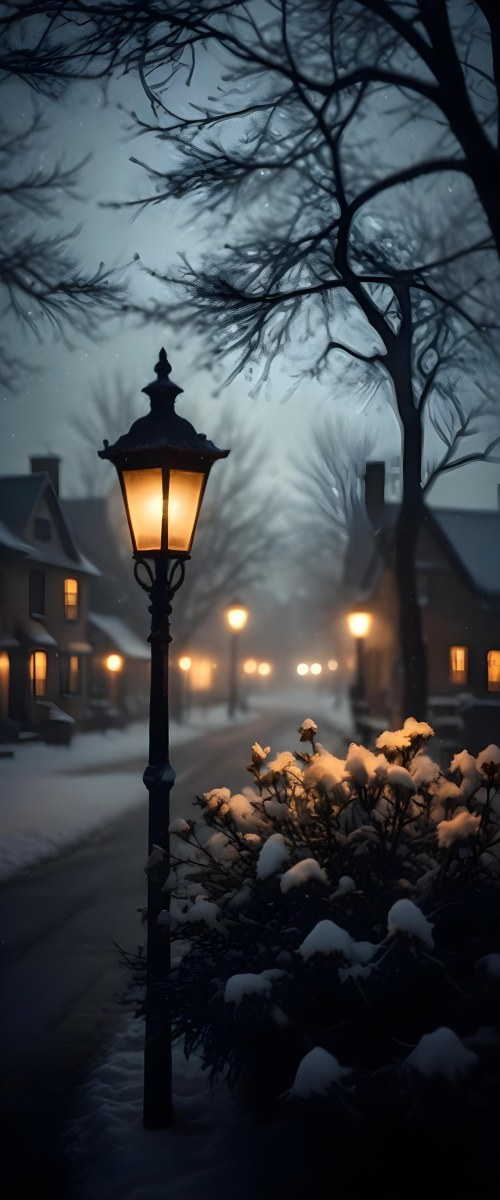 A Snowy Winter Night Scene With A Glowing Street Lamp And Small Flowers In The Foreground Featuring Soft Snowfall And A Quaint Village In The Background 9 04da