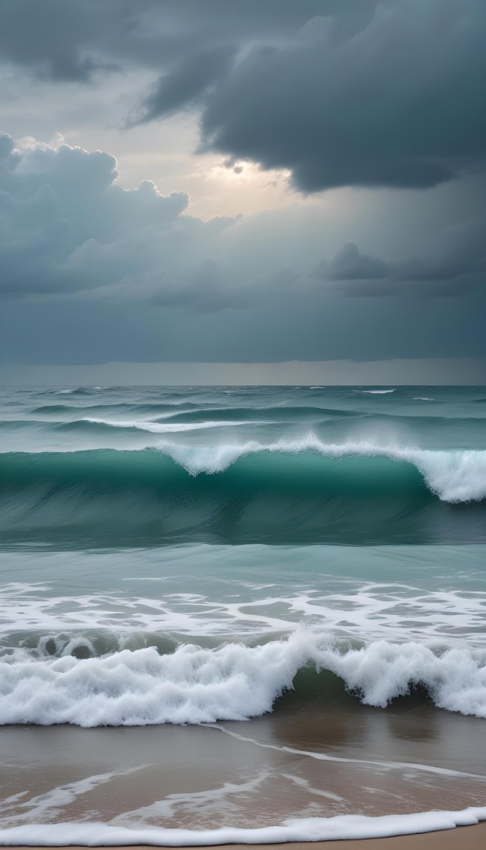 A Sunny Day At The Beach With A Clear Blue Sky Bright Sun And Calm Turquoise Waters A Cloudy Evening With Stormy Gray Skies And Rough Waves 3 F85d