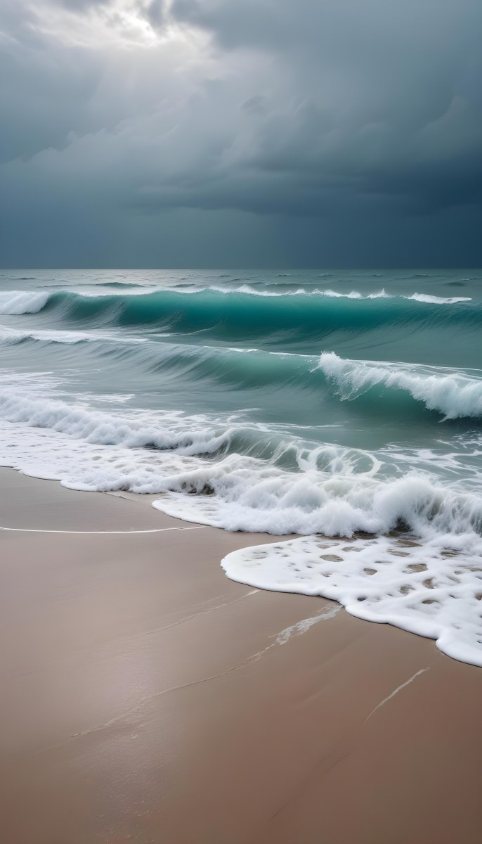A Sunny Day At The Beach With A Clear Blue Sky Bright Sun And Calm Turquoise Waters A Cloudy Evening With Stormy Gray Skies And Rough Waves 6 Ba87