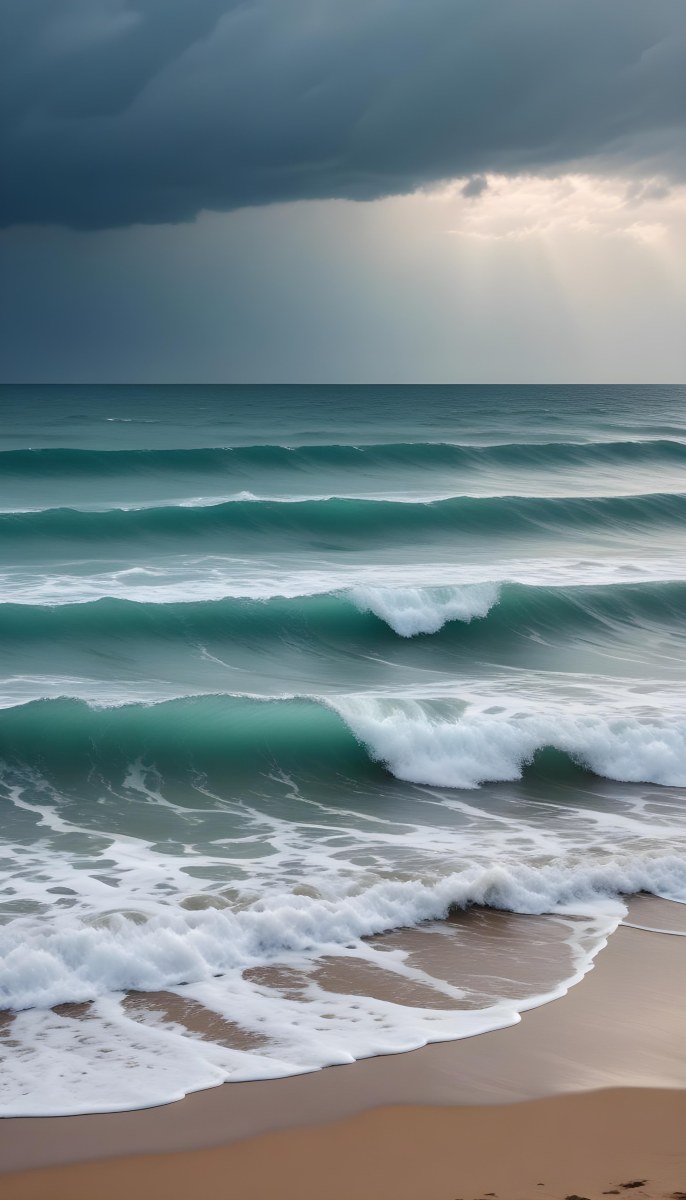 A Sunny Day At The Beach With A Clear Blue Sky Bright Sun And Calm Turquoise Waters A Cloudy Evening With Stormy Gray Skies And Rough Waves 8 120b