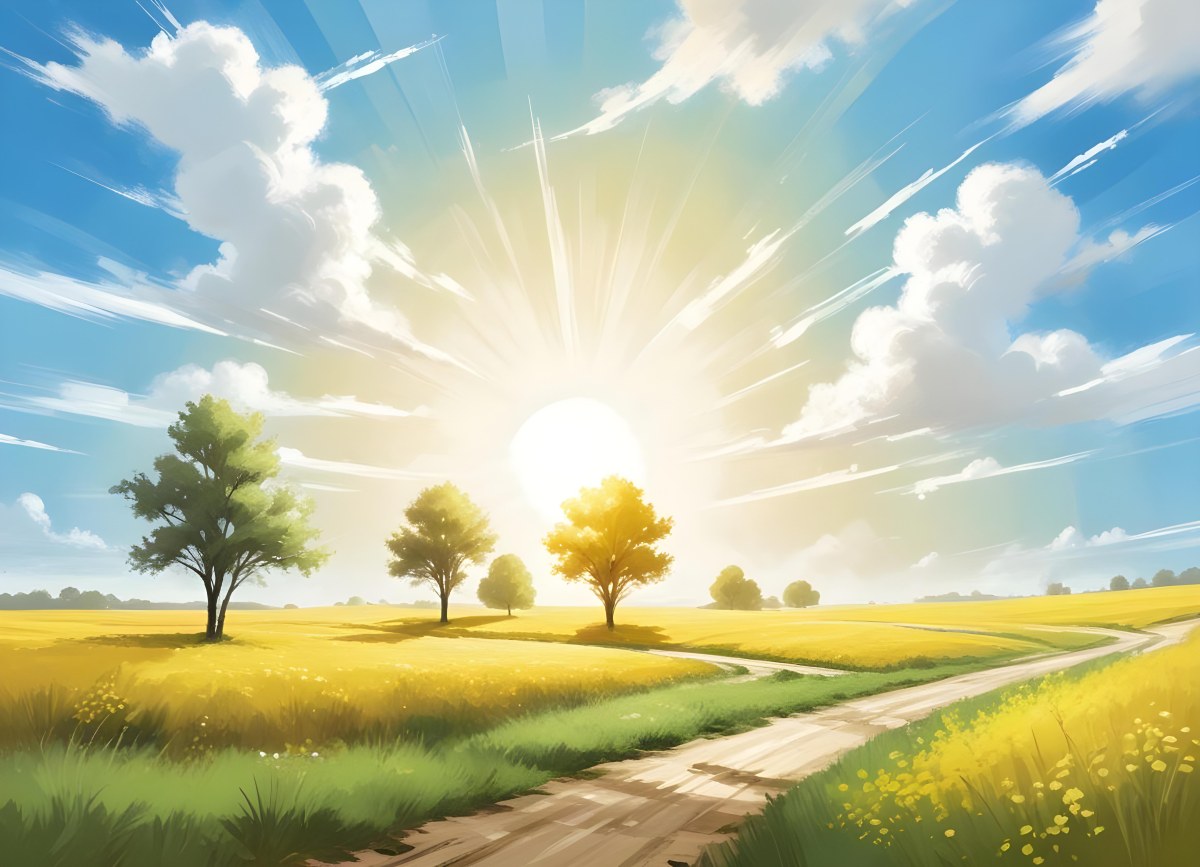 A Sunny Day With A White Sun And White Clouds Over A Yellow Field With A Dirt Road And Some Trees 13 32f6