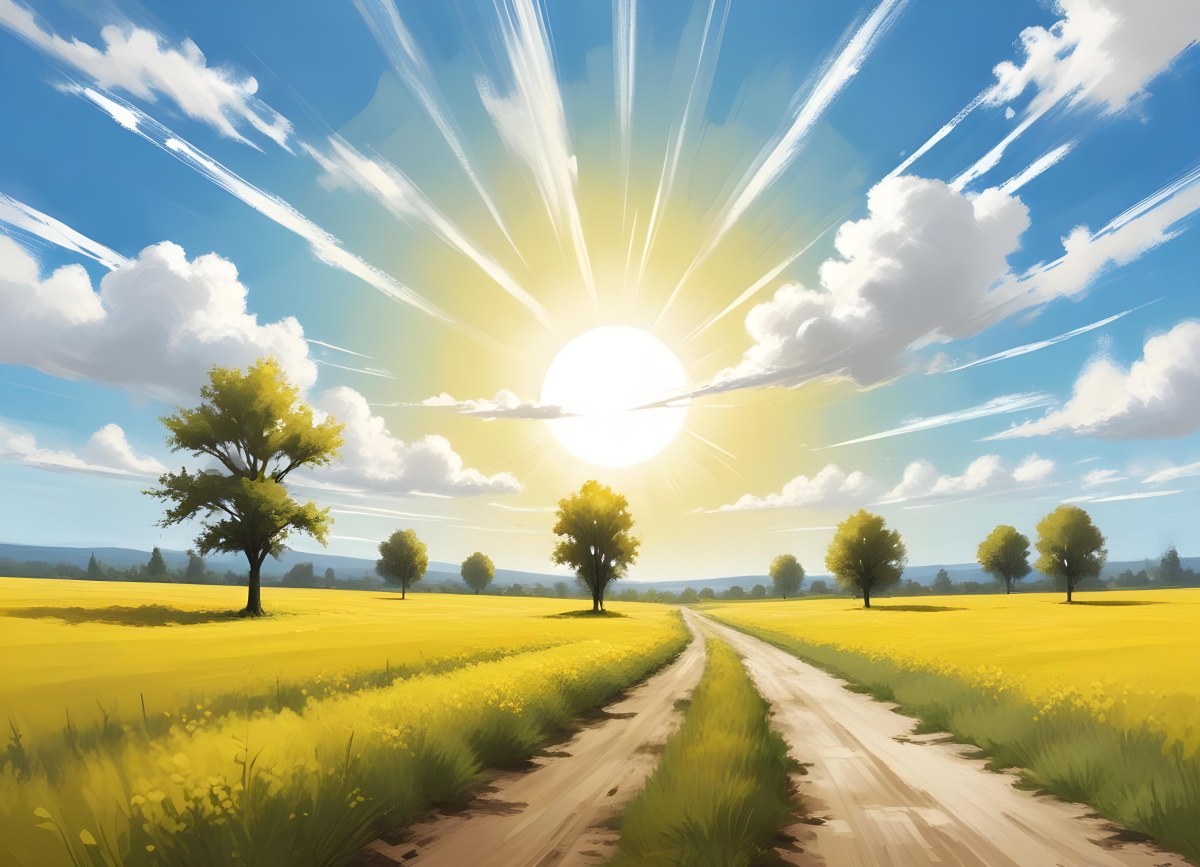 A Sunny Day With A White Sun And White Clouds Over A Yellow Field With A Dirt Road And Some Trees 3 60cf