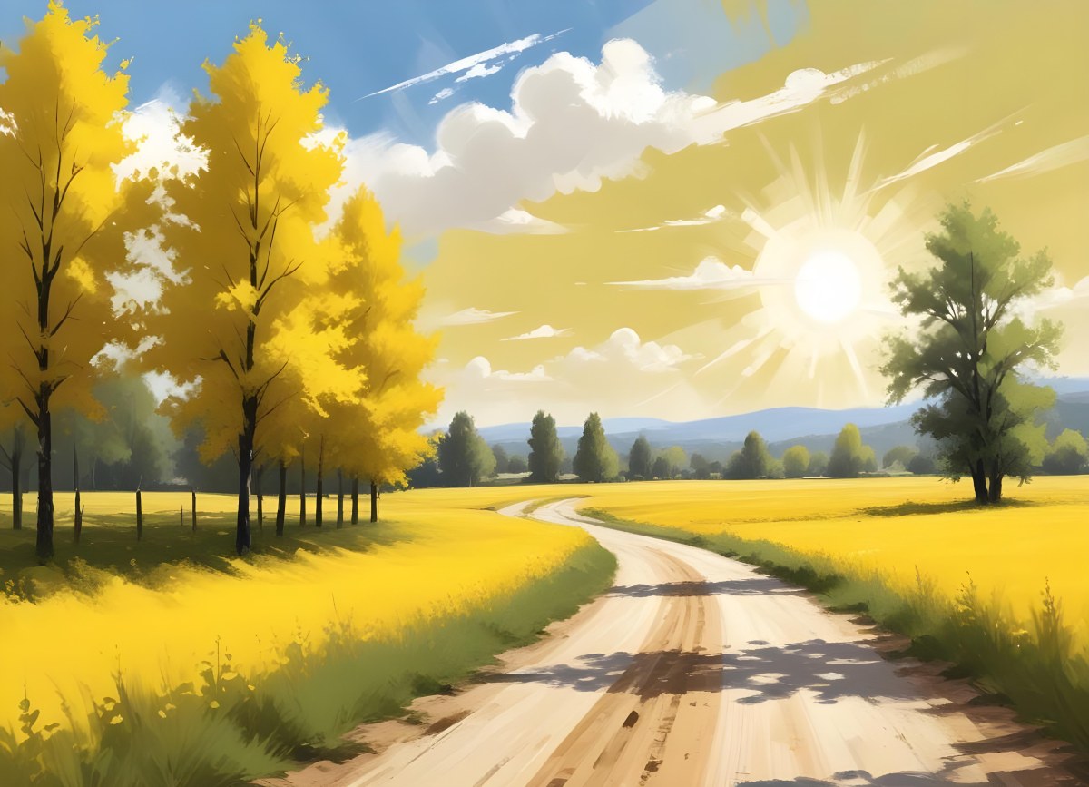 A Sunny Day With A White Sun And White Clouds Over A Yellow Field With A Dirt Road And Some Trees 5 76e5