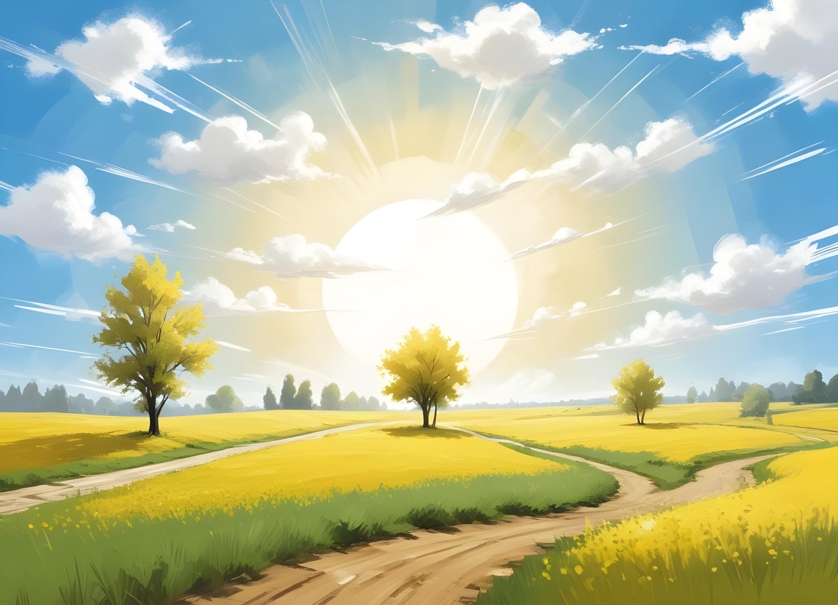 A Sunny Day With A White Sun And White Clouds Over A Yellow Field With A Dirt Road And Some Trees 8 8761