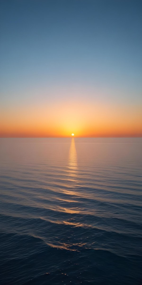 A Sunset Over The Ocean The Sky Is A Gradient Of Blue Orange And Yellow The Sun Is Setting On The Horizon 7 A7e5