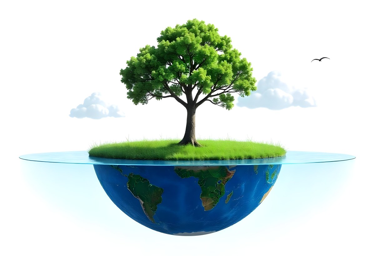 A Tree Growing On A Half Earth With Grass On Top Blue Ocean And White Clouds Isolated On White Background 36 6225
