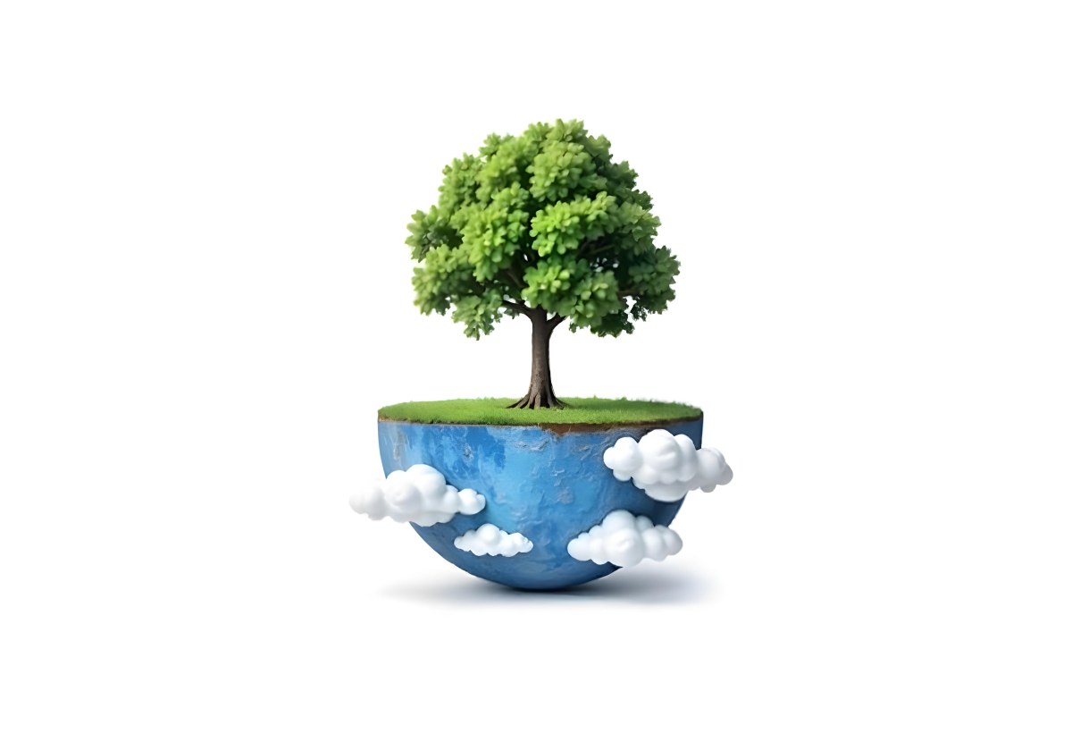 A Tree Growing On A Half Earth With Grass On Top Blue Ocean And White Clouds Isolated On White Background 4 685b
