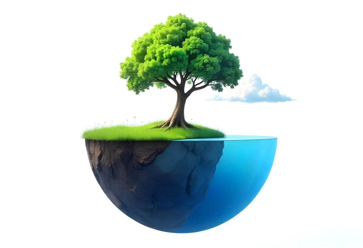 A Tree Growing On A Half Earth With Grass On Top Blue Ocean And White Clouds Isolated On White Background 42 7927