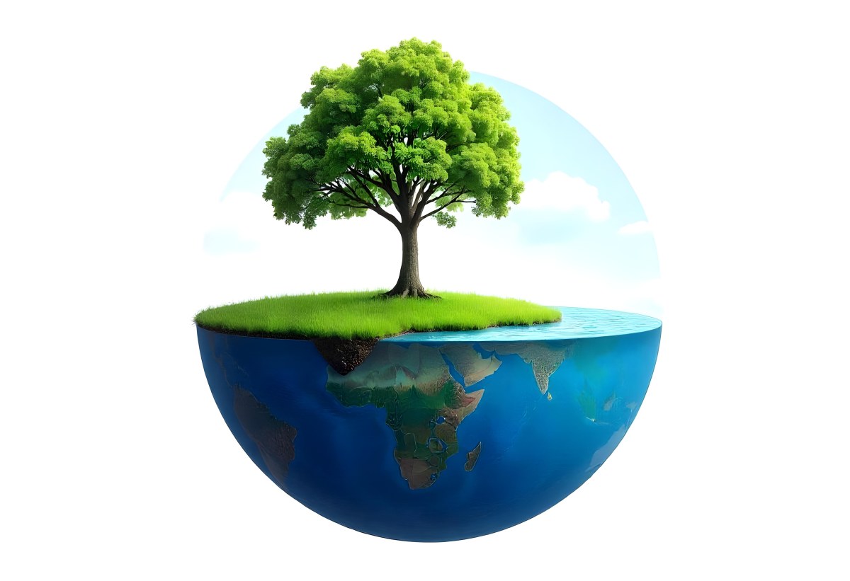 A Tree Growing On A Half Earth With Grass On Top Blue Ocean And White Clouds Isolated On White Background 5 2561
