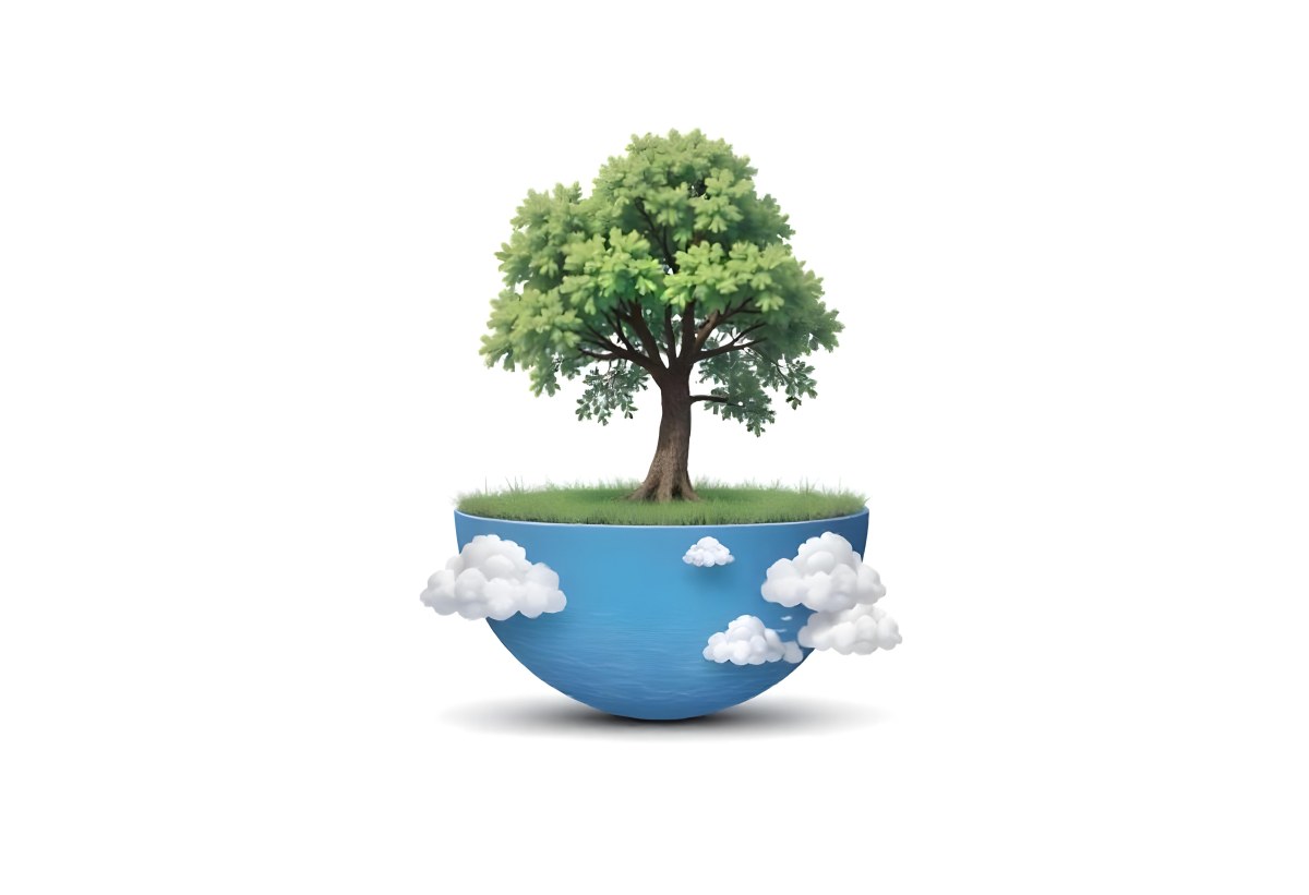 A Tree Growing On A Half Earth With Grass On Top Blue Ocean And White Clouds Isolated On White Background 6 4159